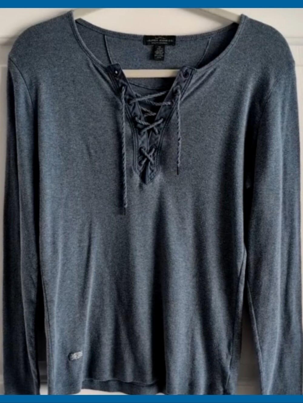 Ralph Lauren Denim long sleeve lace up neck detail women's Knit top blue heather